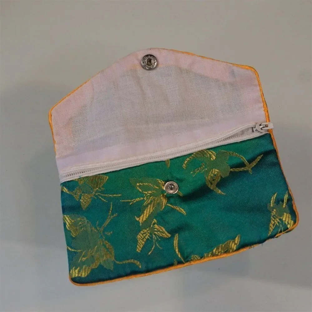Vintage Yik Fun Jewelry Pouch Chinese Brocade Snap Button Zipper Blue Yellow